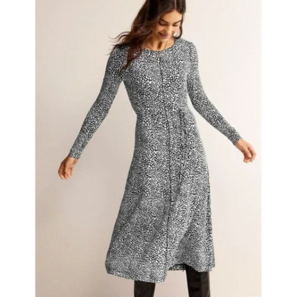 Boden Lucy black white dotted jersey midi dress size 4 long preppy classic